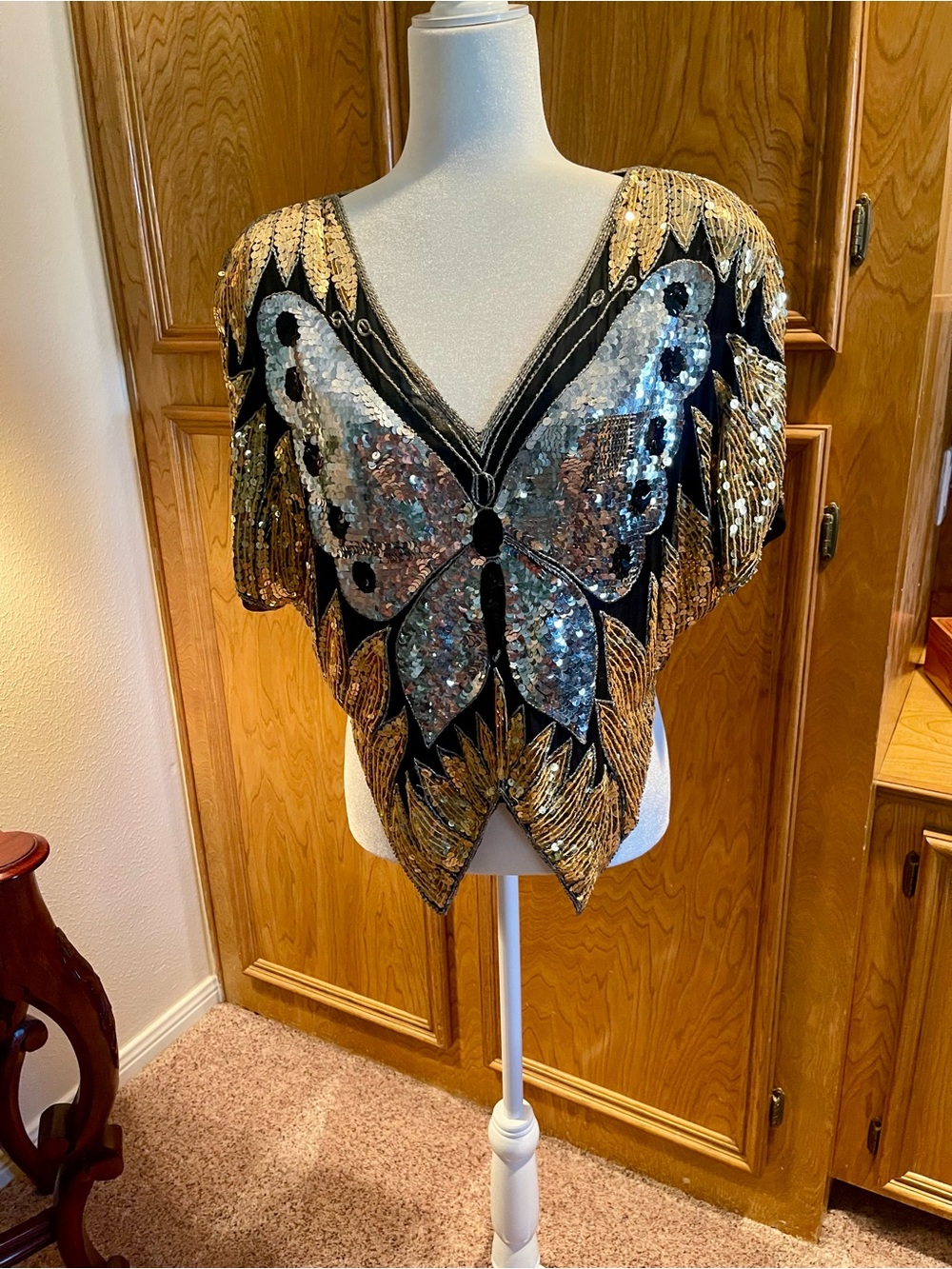 Sequin Butterfly Embellished Black Crop Top